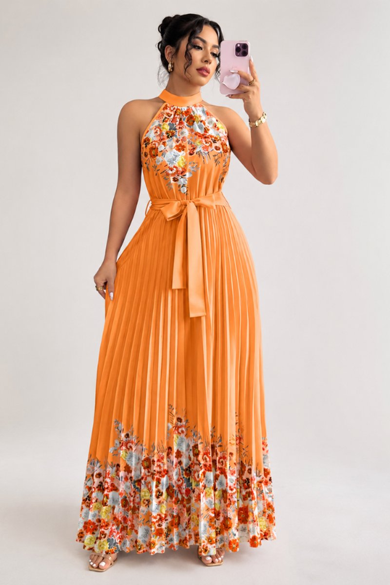 Floral Pleated Halter Neck Midi Dress with Belt