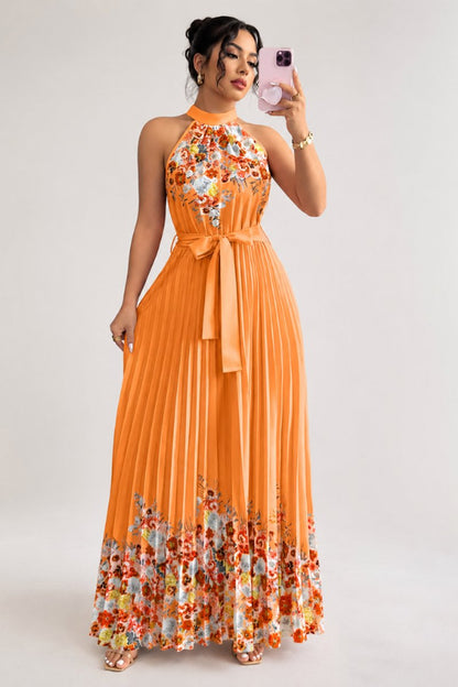 Floral Pleated Halter Neck Midi Dress with Belt