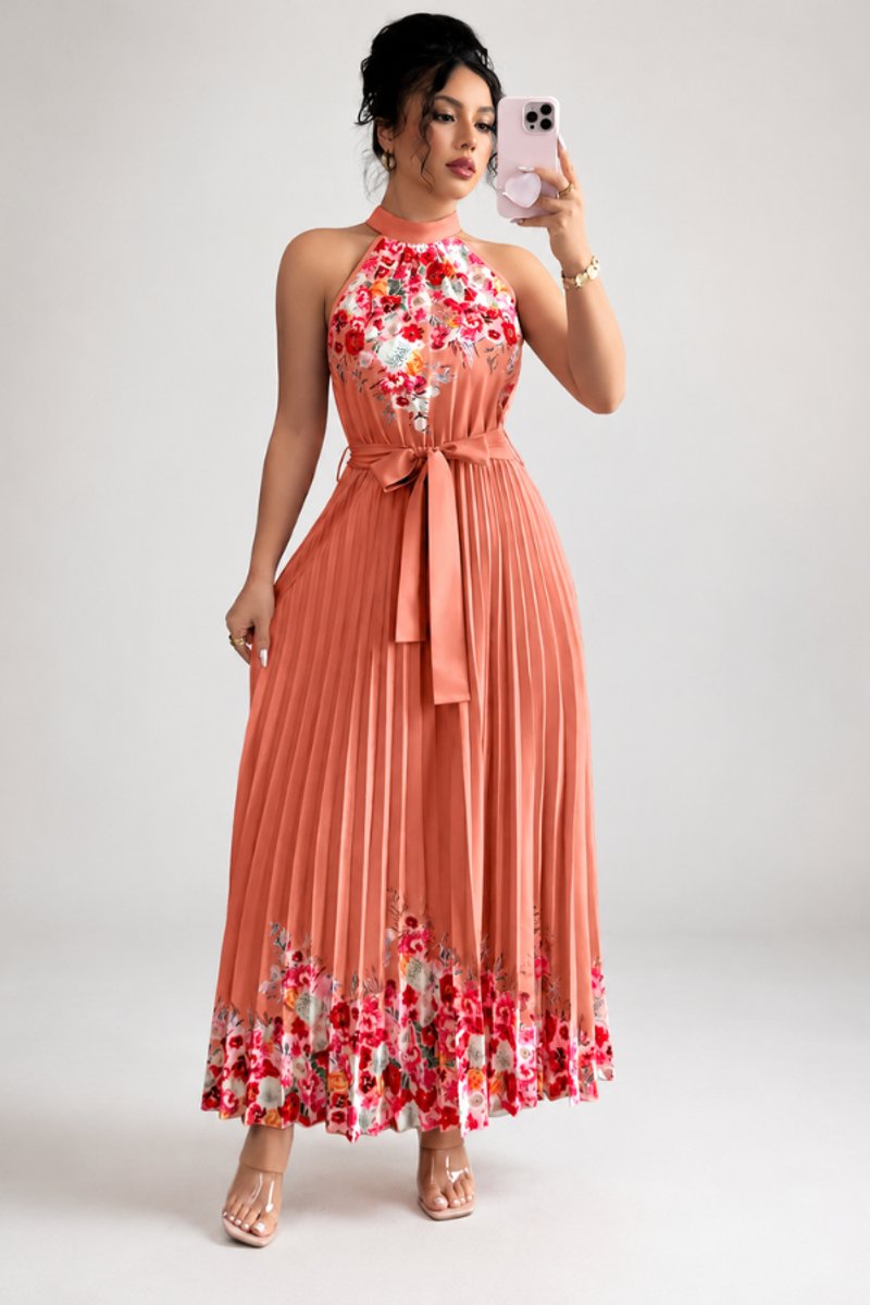 Floral Pleated Halter Neck Midi Dress with Belt