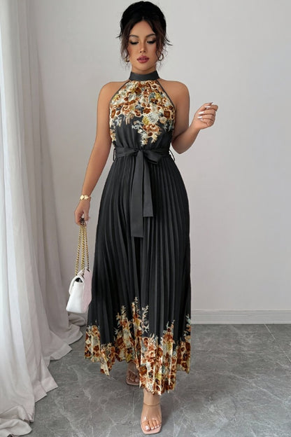 Floral Pleated Halter Neck Midi Dress with Belt