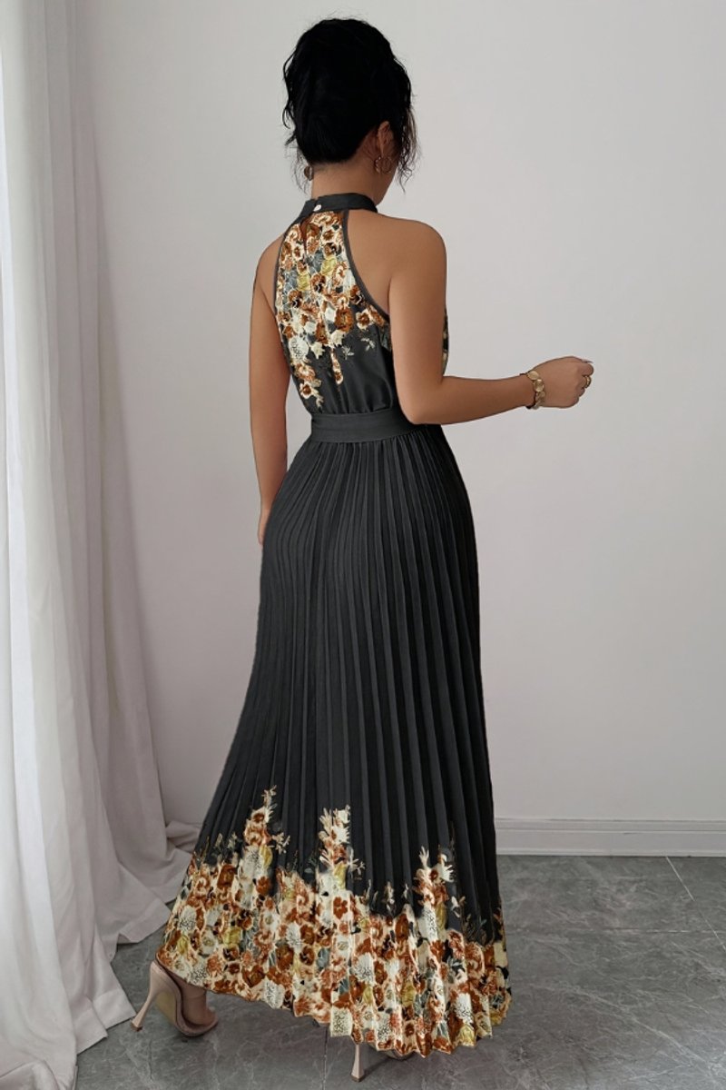 Floral Pleated Halter Neck Midi Dress with Belt