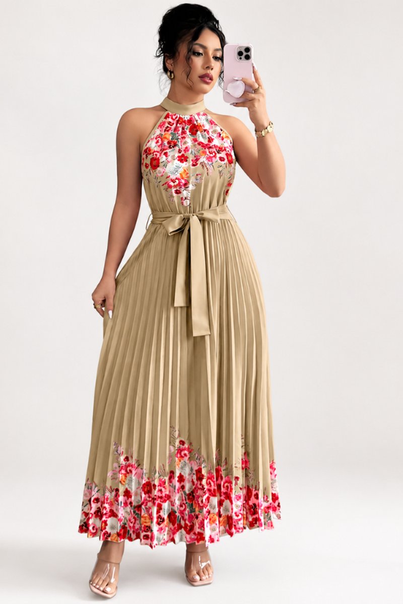 Floral Pleated Halter Neck Midi Dress with Belt
