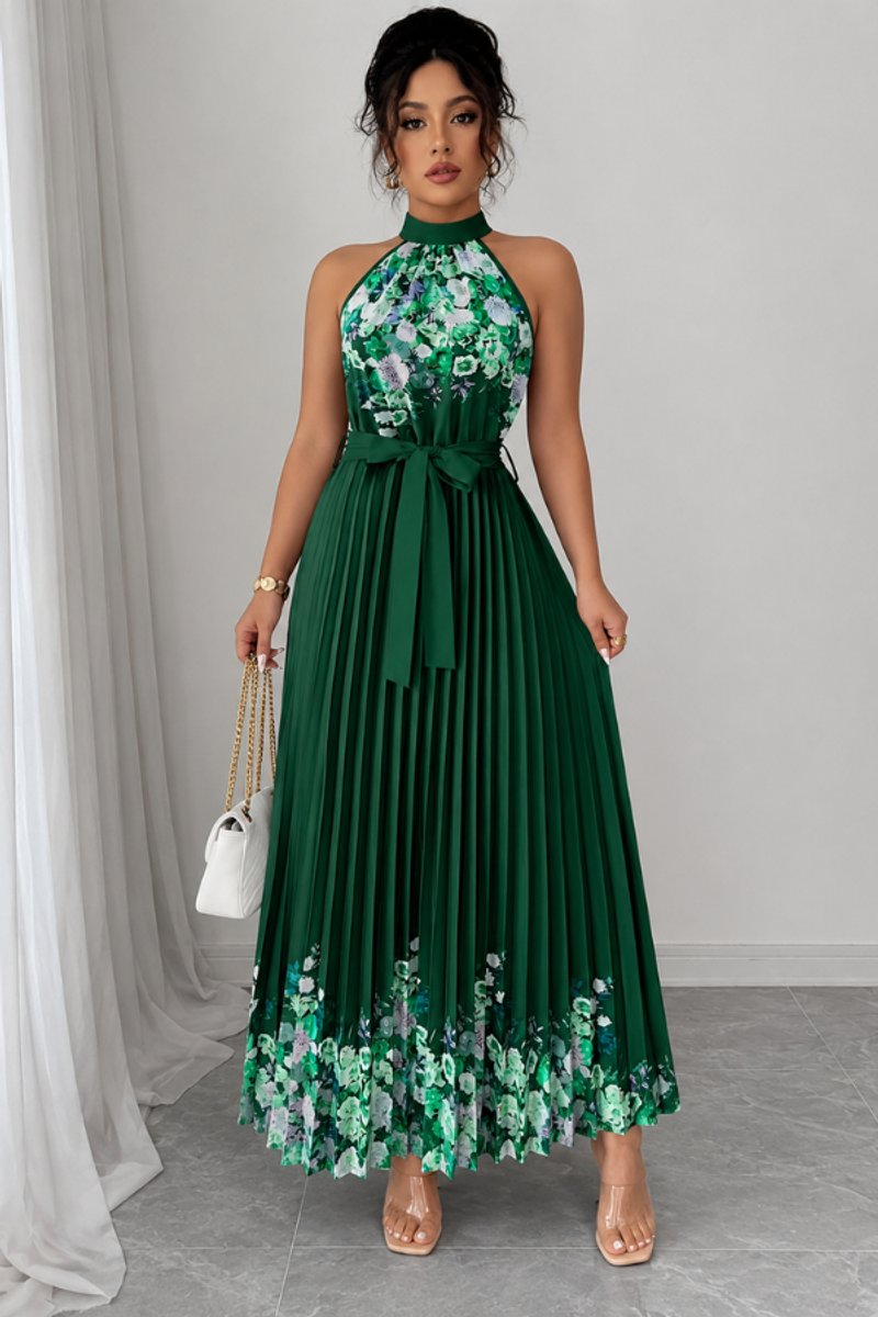Floral Pleated Halter Neck Midi Dress with Belt