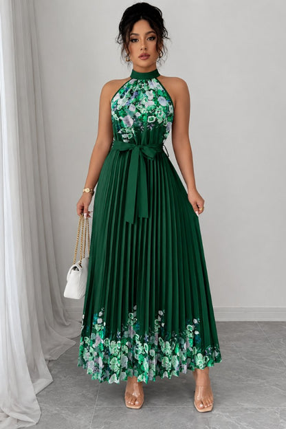 Floral Pleated Halter Neck Midi Dress with Belt