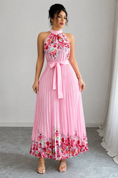 Floral Pleated Halter Neck Midi Dress with Belt