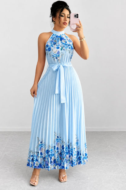 Floral Pleated Halter Neck Midi Dress with Belt