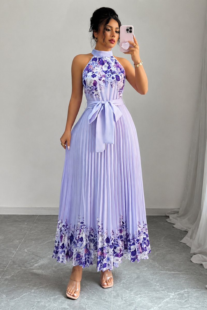 Floral Pleated Halter Neck Midi Dress with Belt