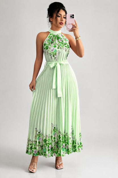 Floral Pleated Halter Neck Midi Dress with Belt