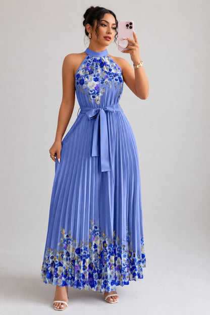Floral Pleated Halter Neck Midi Dress with Belt