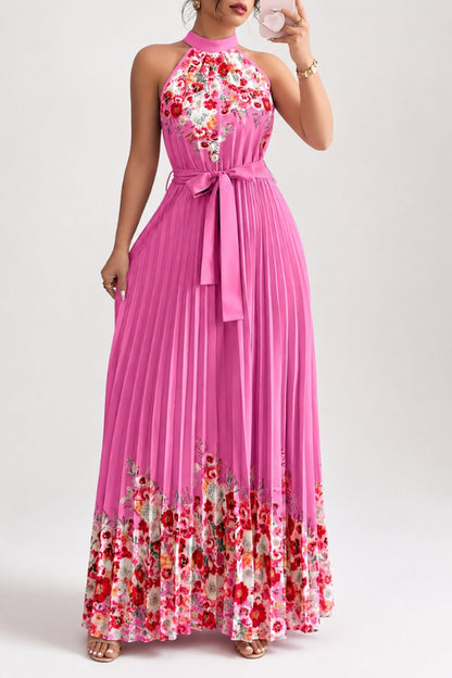 Floral Pleated Halter Neck Midi Dress with Belt