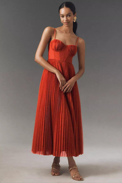 Pleated Corset Bodice Midi Slip Dress