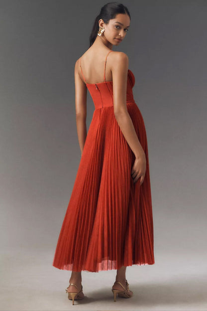 Pleated Corset Bodice Midi Slip Dress