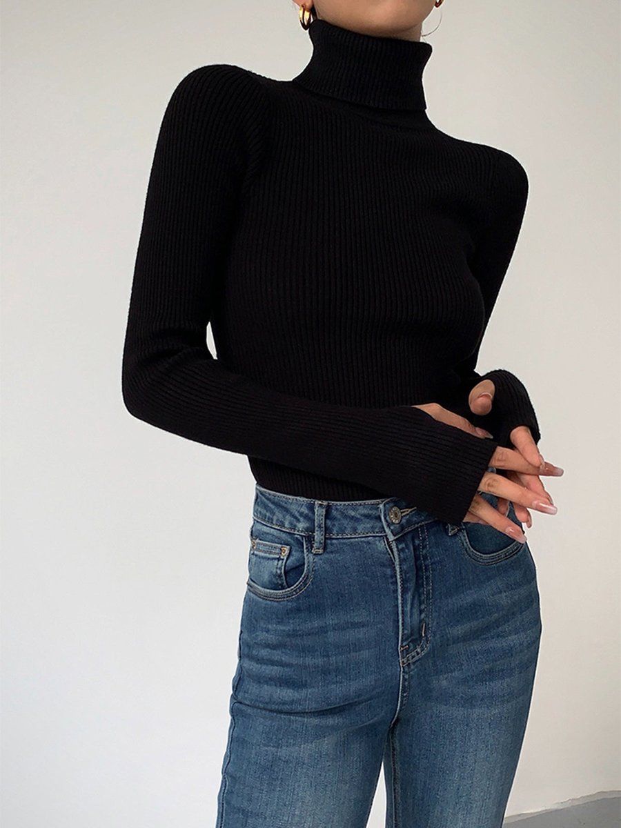 Fine Rib Longline High-Neck Jumper