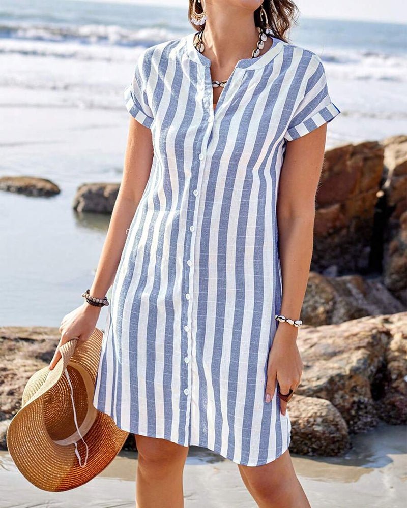 Striped Linen A-Line Short Sleeve Shirt Dress
