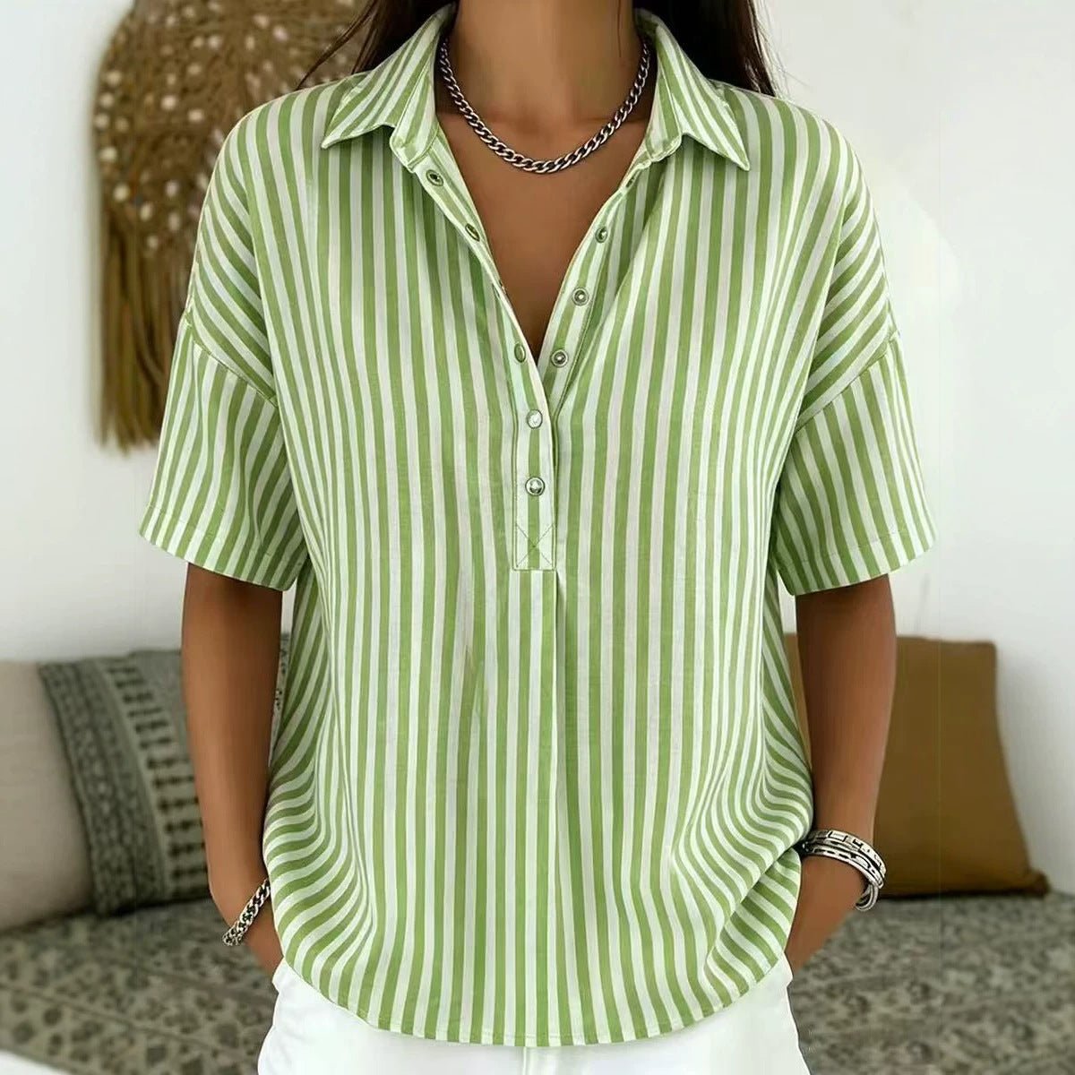 Relaxed Striped Short Sleeve Collared Top