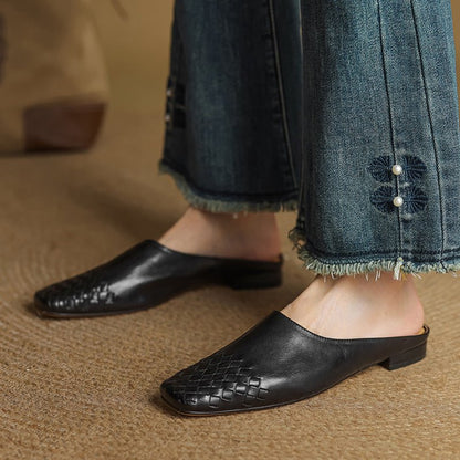 Woven Square Toe Low Heel Slip-On Mules