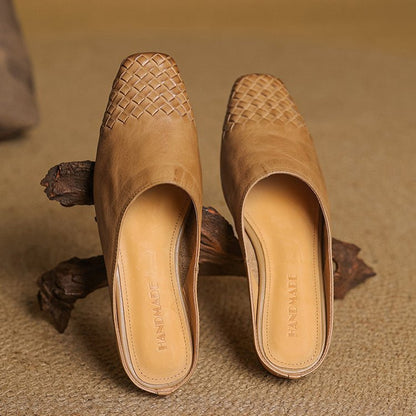 Woven Square Toe Low Heel Slip-On Mules