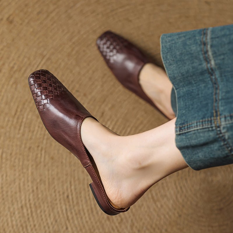 Woven Square Toe Low Heel Slip-On Mules