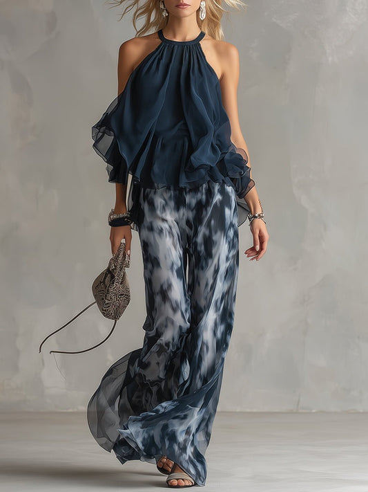 Ruffled Halterneck Top and Wide-Leg Trousers Two-Piece Set