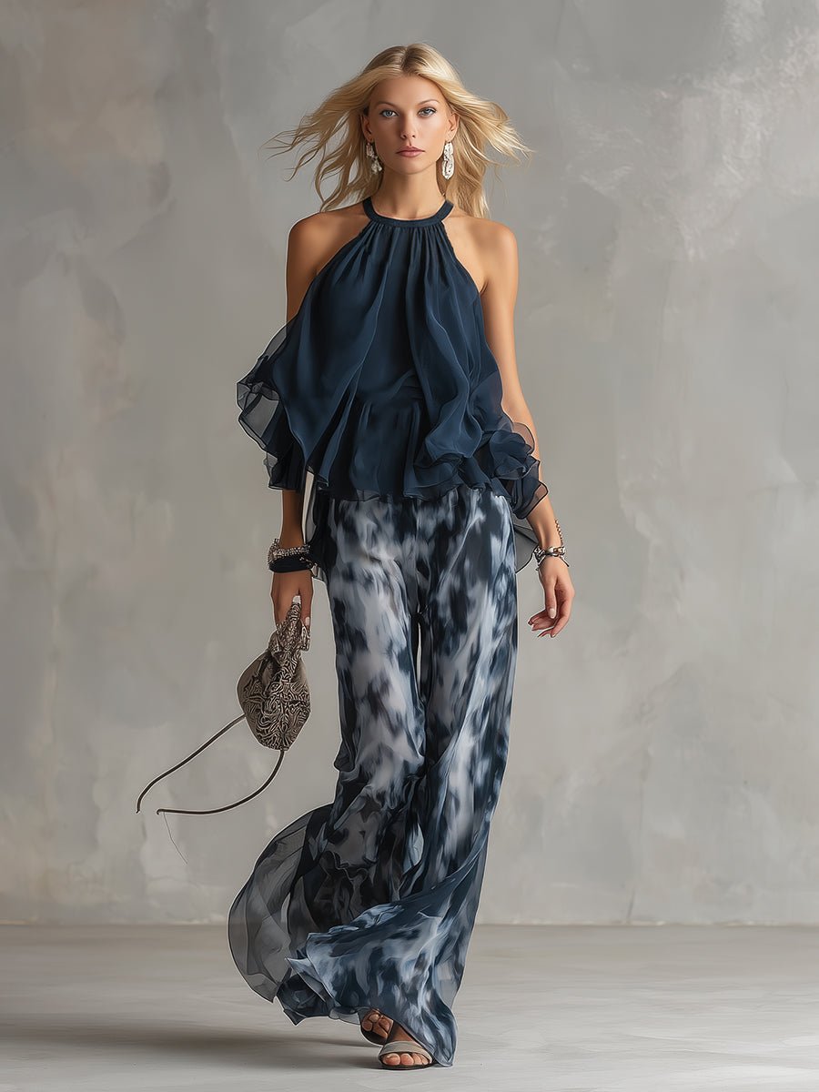 Chiffon Halterneck Top and Flowing Wide-Leg Trouser Set