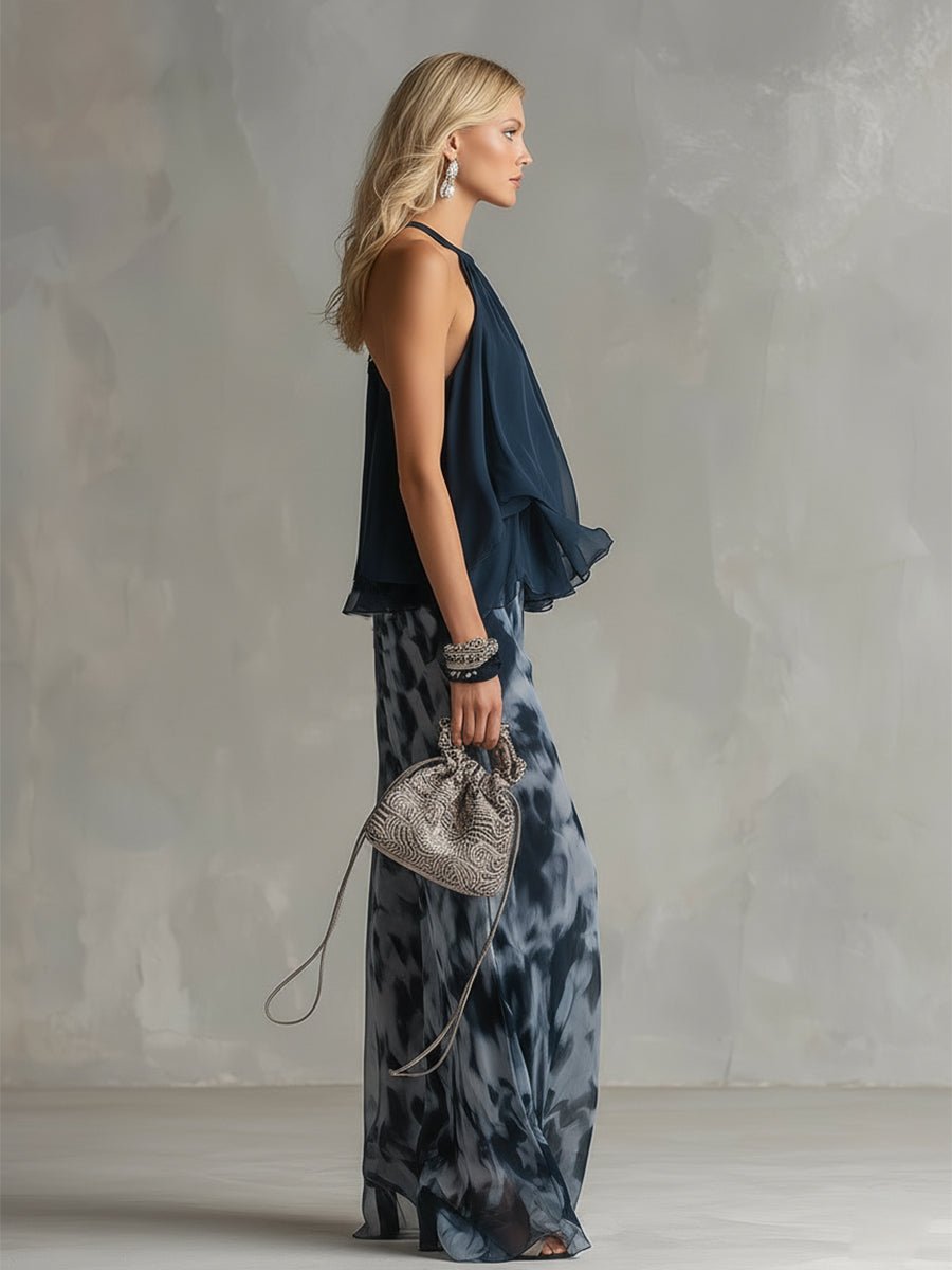 Chiffon Halterneck Top and Flowing Wide-Leg Trouser Set