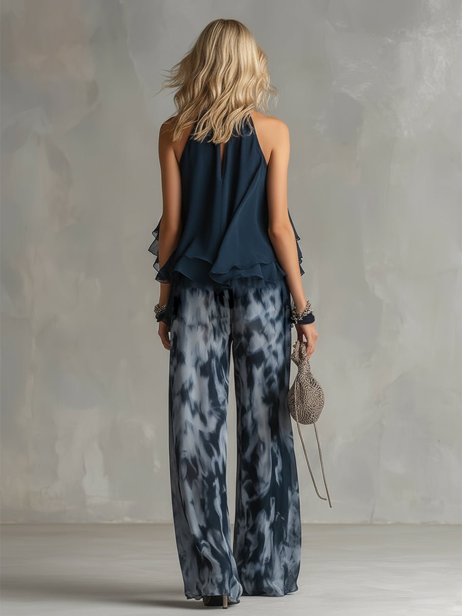 Chiffon Halterneck Top and Flowing Wide-Leg Trouser Set
