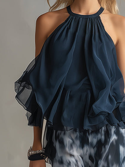 Chiffon Halterneck Top and Flowing Wide-Leg Trouser Set