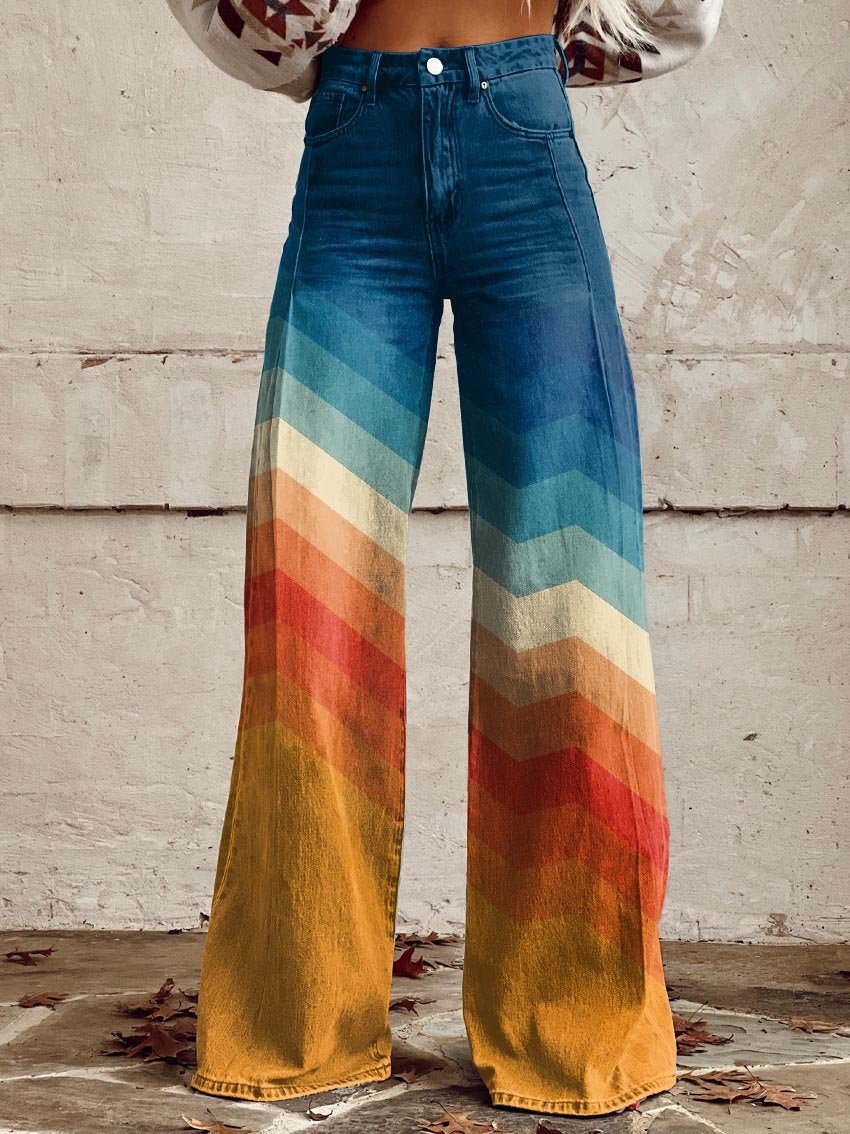 Sunset Chevron Print Wide-Leg Trousers