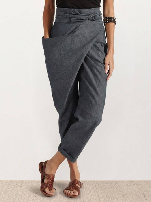 High-Rise Cropped Tapered Trousers with Tie Belt