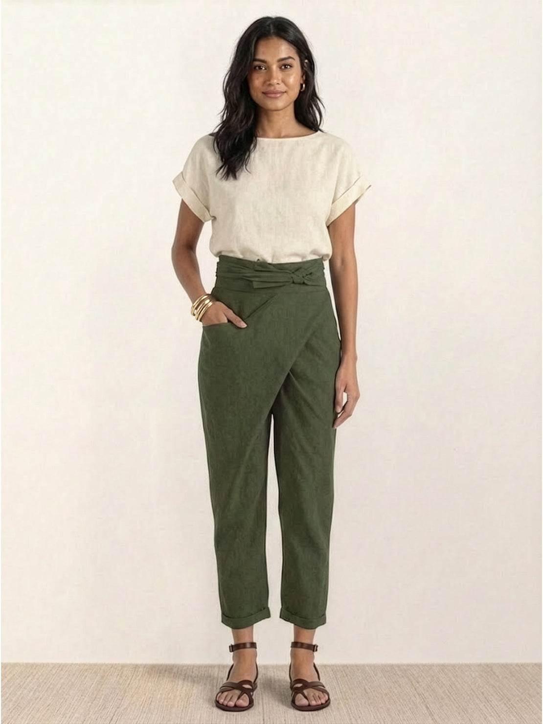 High-Rise Cropped Tapered Trousers with Tie Belt