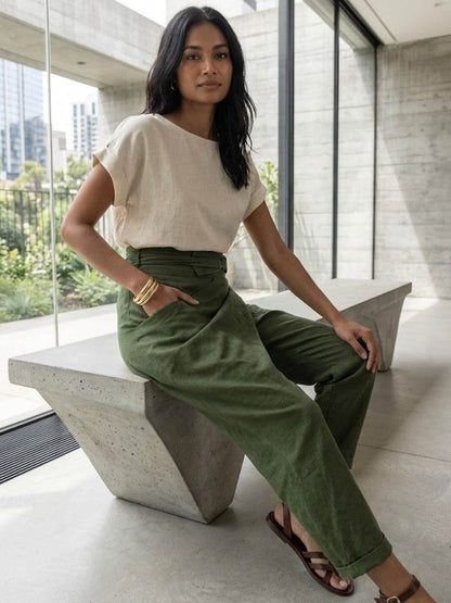High-Rise Cropped Tapered Trousers with Tie Belt