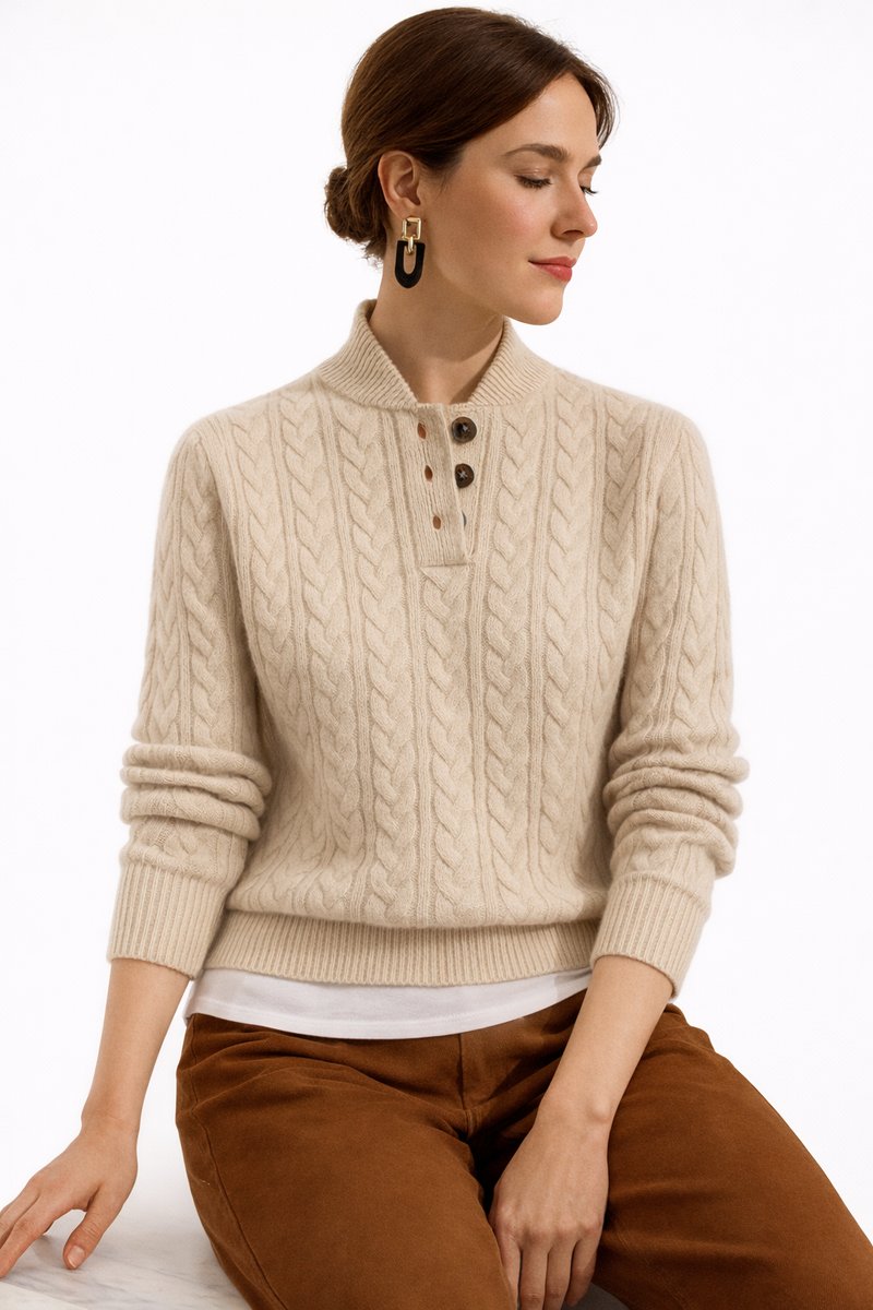 Wool-Blend Cable Knit Funnel Neck Jumper