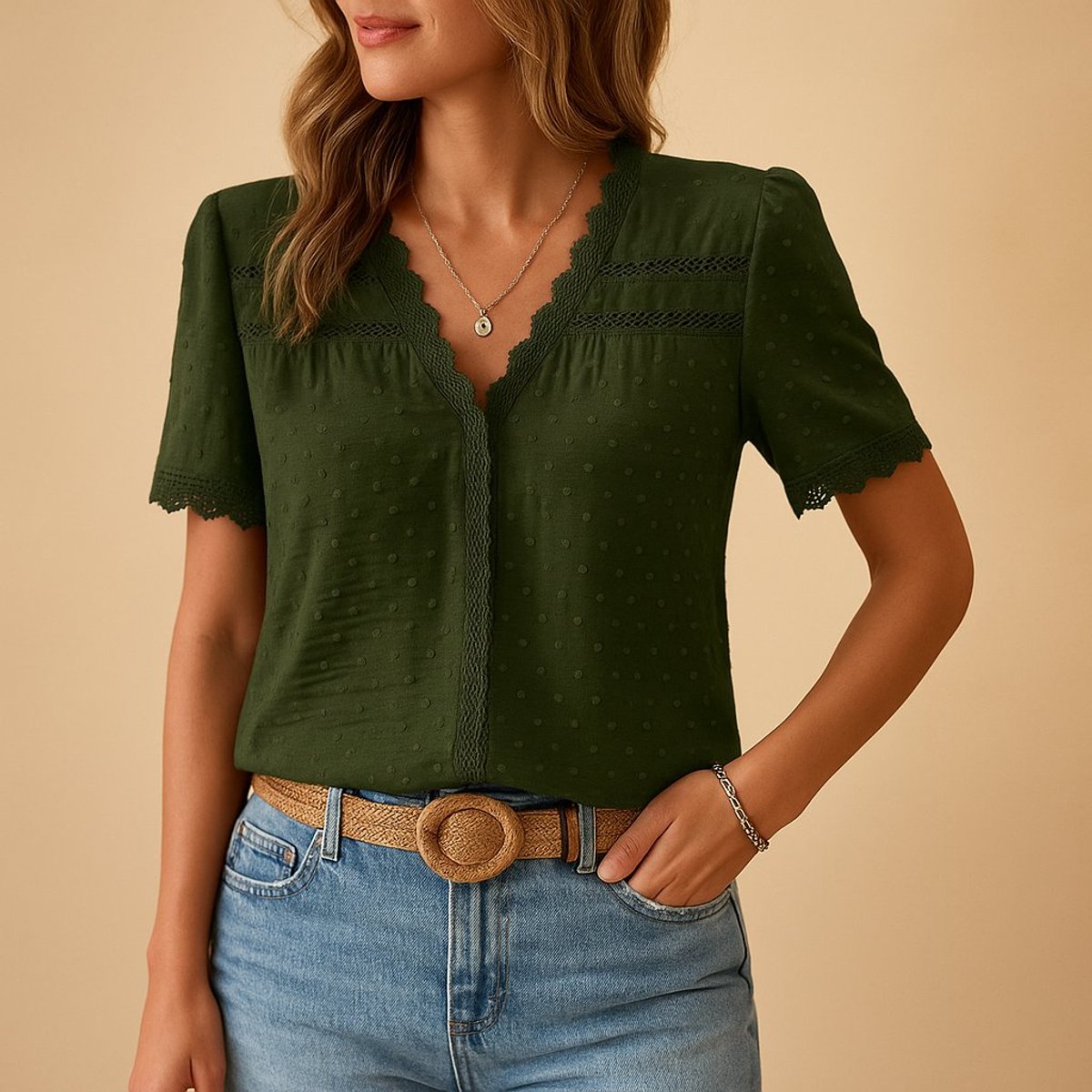 Swiss Dot Short Sleeve Top with Lace Trim