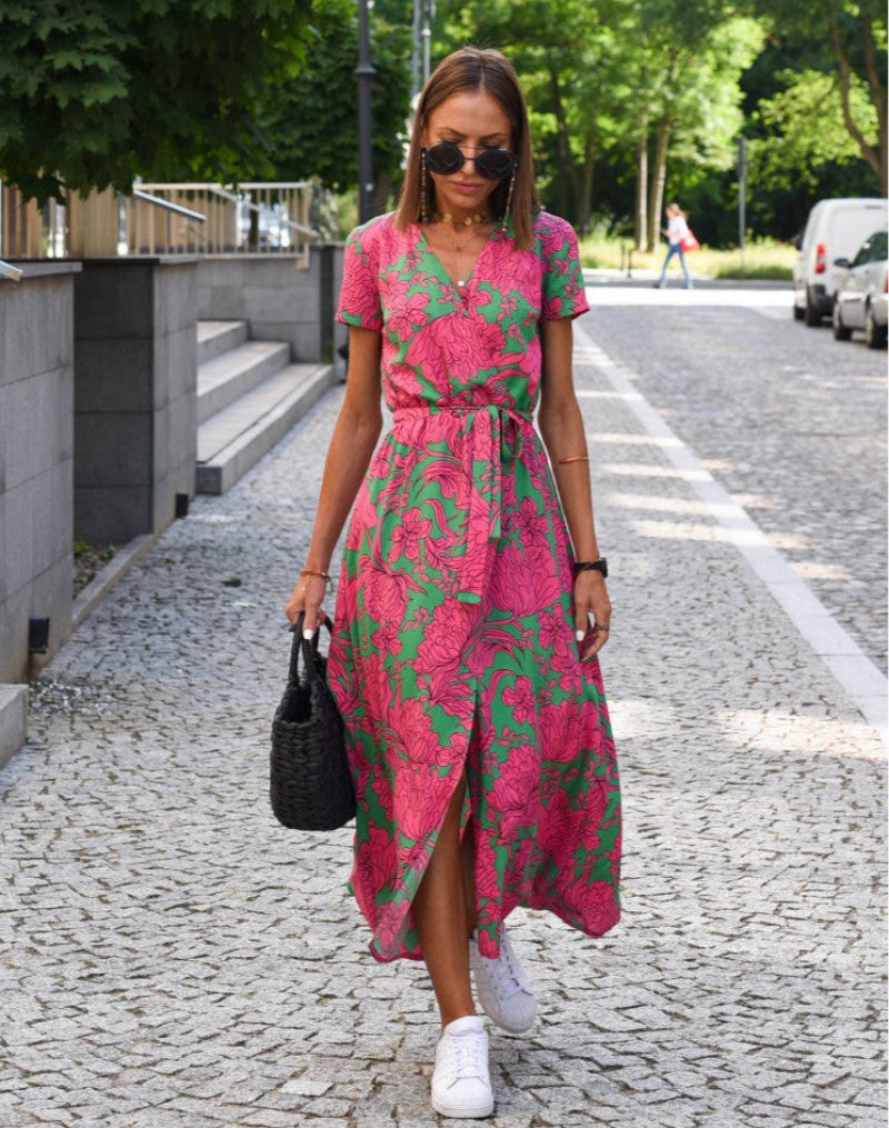 Cotton Botanical Wrap Midi Dress with Tie Waist