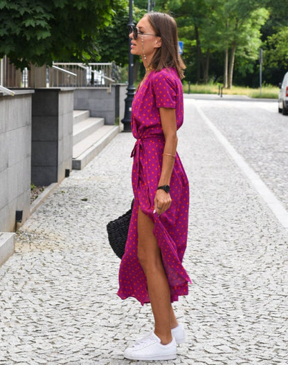 Cotton Botanical Wrap Midi Dress with Tie Waist