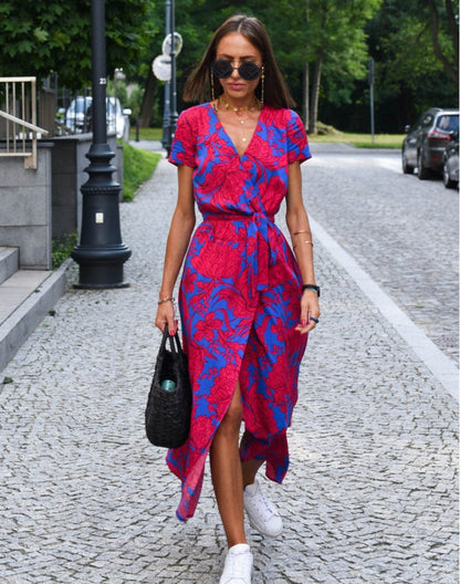 Cotton Botanical Wrap Midi Dress with Tie Waist