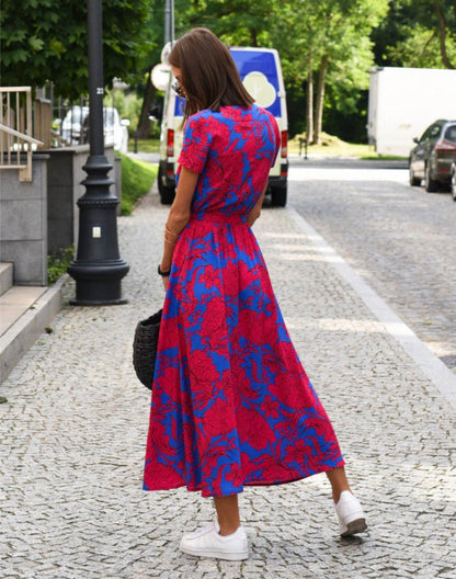 Cotton Botanical Wrap Midi Dress with Tie Waist