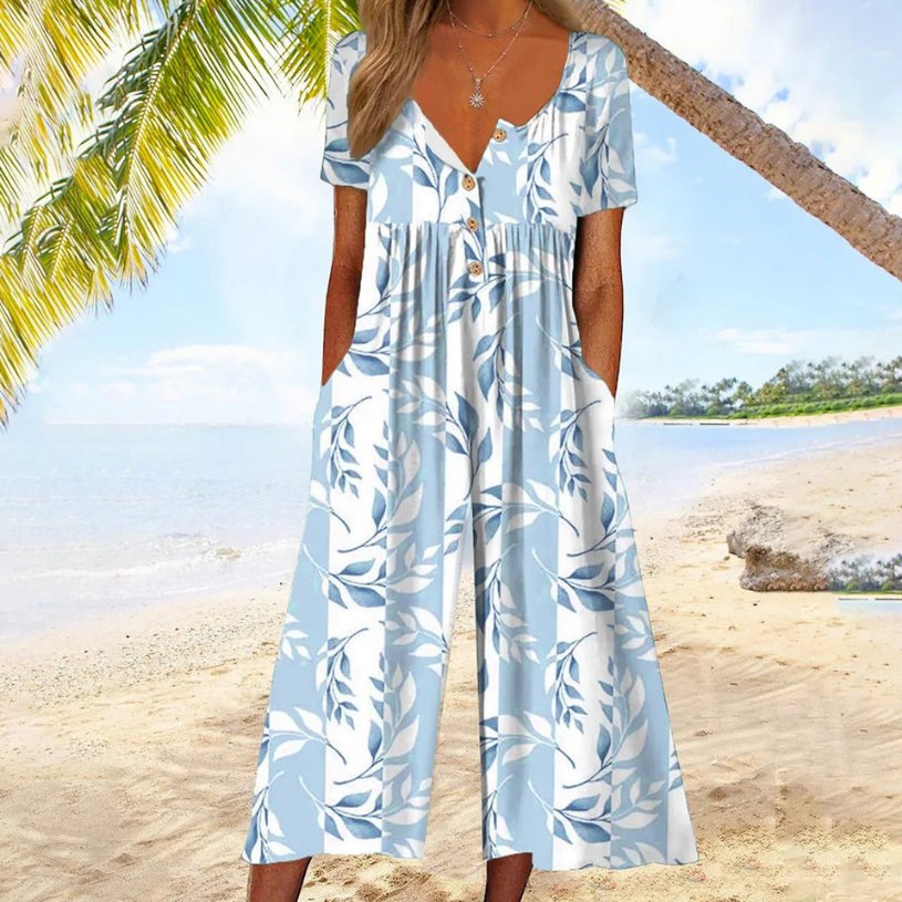 Button-Front Short Sleeve Cotton Culotte Jumpsuit