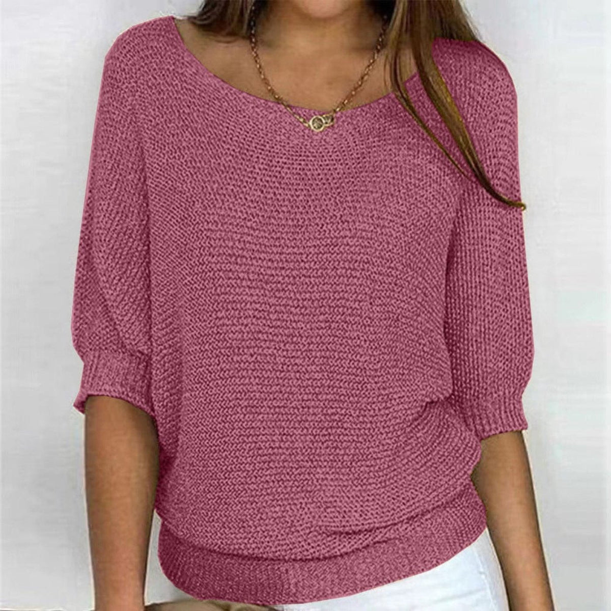 Cotton Blend Relaxed 3/4 Sleeve Knit Jumper