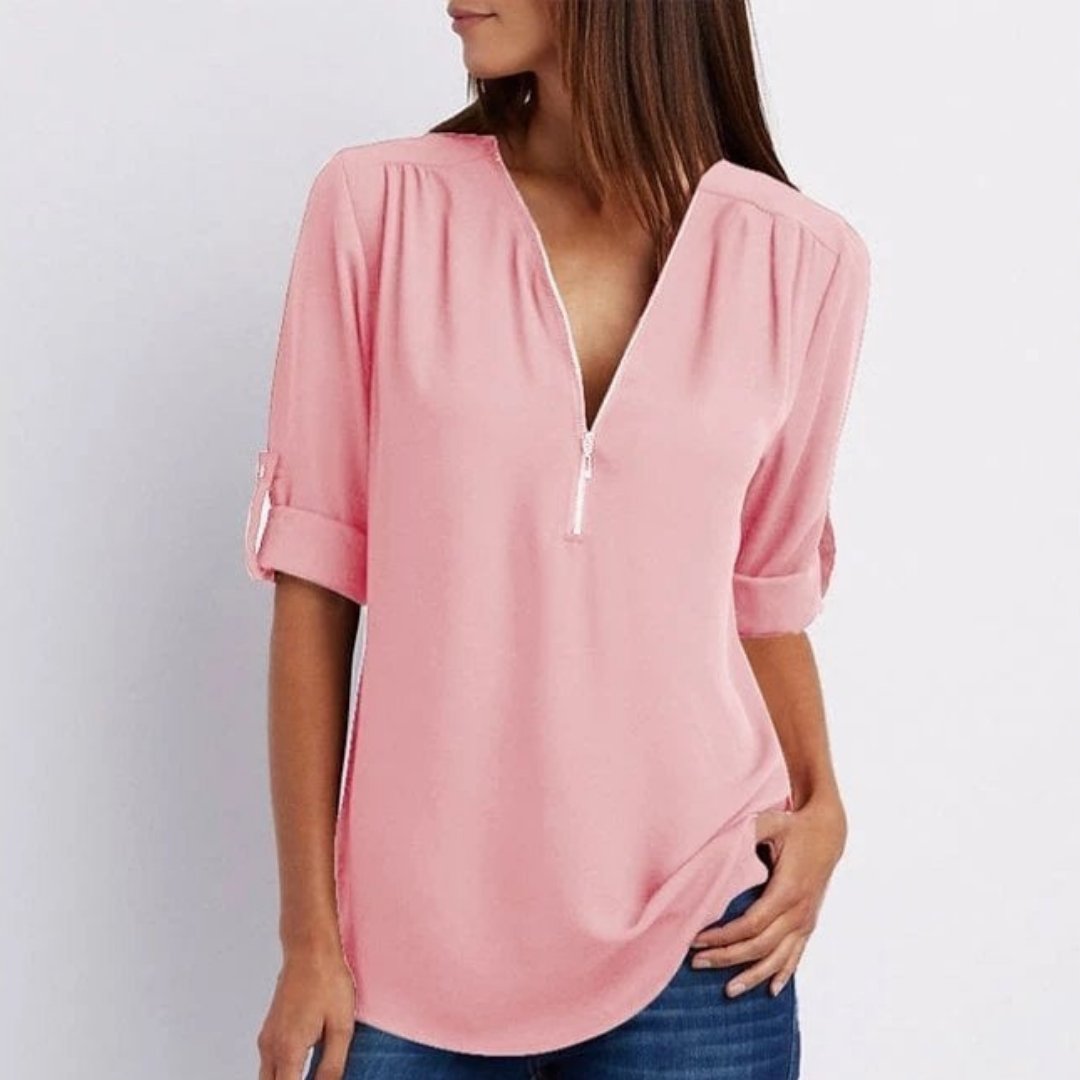 Women's V-Neck Zip-Front Blouse with Roll-Tab Sleeves