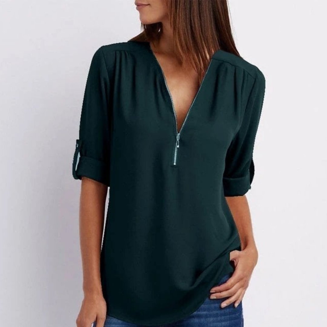 Women's V-Neck Zip-Front Blouse with Roll-Tab Sleeves