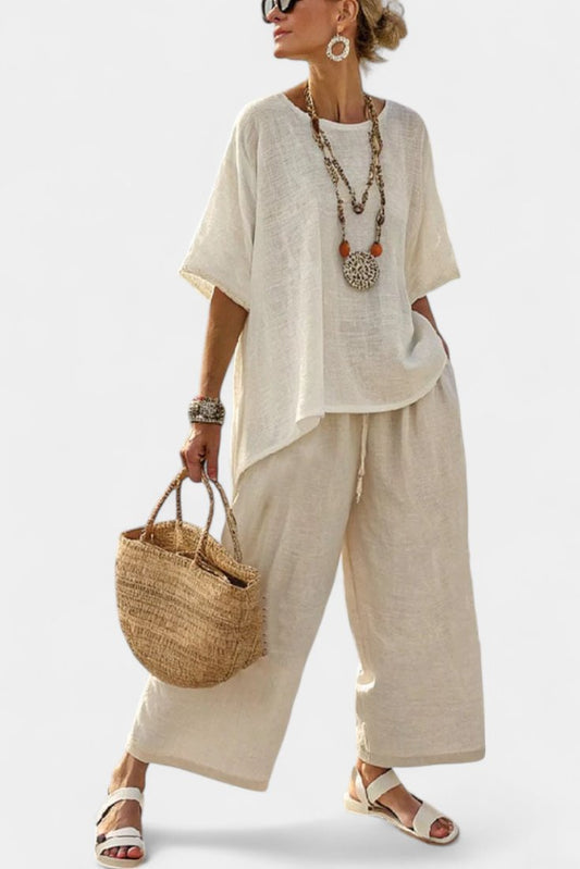 Linen Asymmetrical Two-Piece Set with Wide-Leg Trousers