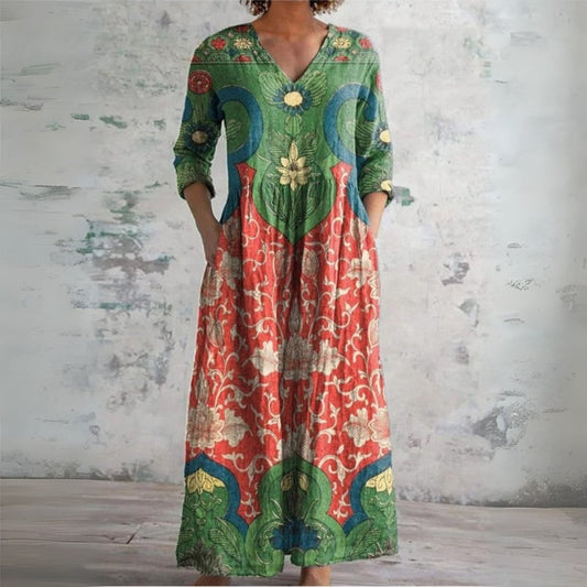 Botanical Print V-Neck Linen Maxi Dress