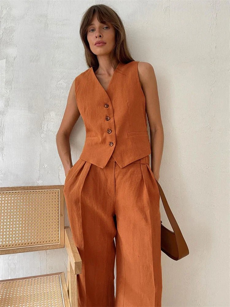 Linen-Blend Tailored Jacket and Wide-Leg Trousers Suit Set