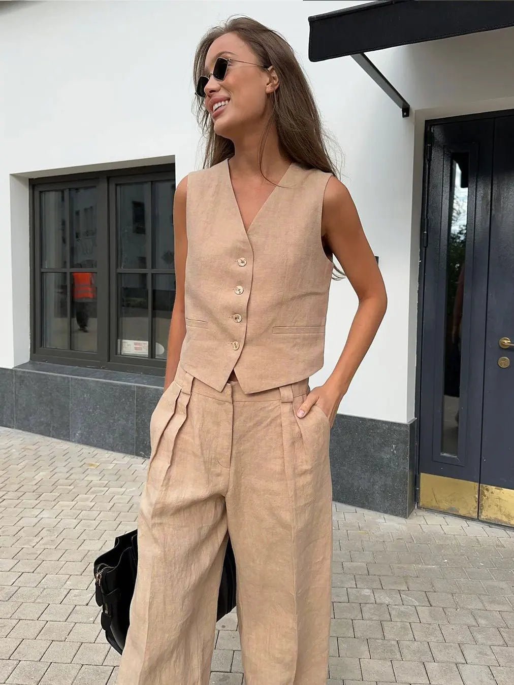 Linen-Blend Tailored Jacket and Wide-Leg Trousers Suit Set