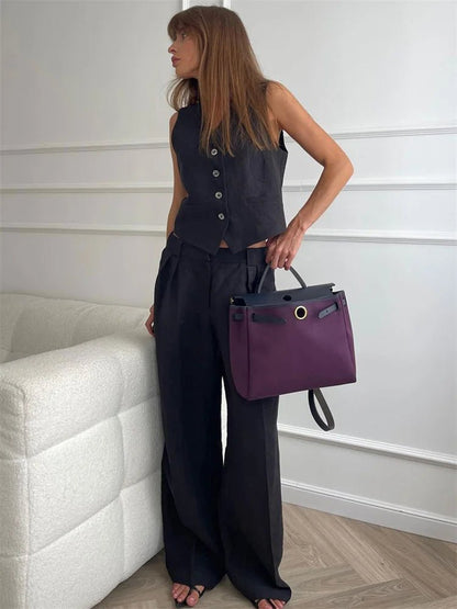 Linen-Blend Tailored Jacket and Wide-Leg Trousers Suit Set