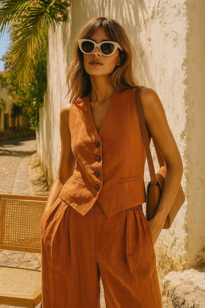 Linen-Blend Tailored Jacket and Wide-Leg Trousers Suit Set