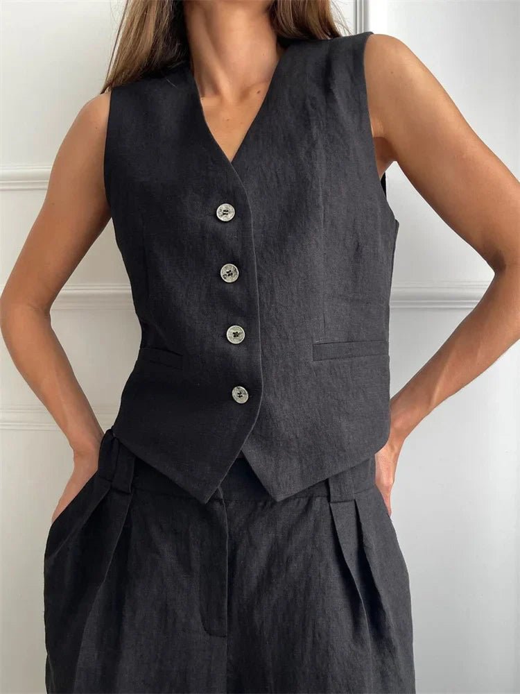 Linen-Blend Tailored Jacket and Wide-Leg Trousers Suit Set