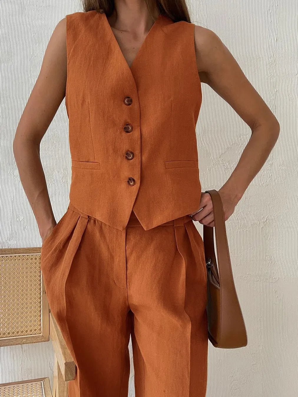 Linen-Blend Tailored Jacket and Wide-Leg Trousers Suit Set