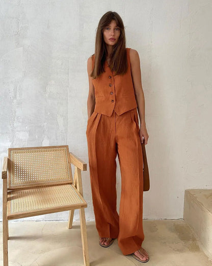 Linen-Blend Tailored Jacket and Wide-Leg Trousers Suit Set